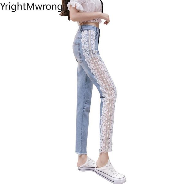 

plus size summer patchwork white lace high waist fashion blue washed pencil stretch denim pant mom jeans tight trouser cute women's