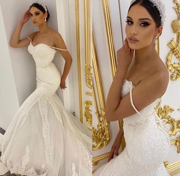 

2021 mermaid wedding dresses spaghetti straps bridal gown custom made plus size sweep train tulle lace applique vestidos de novia, White
