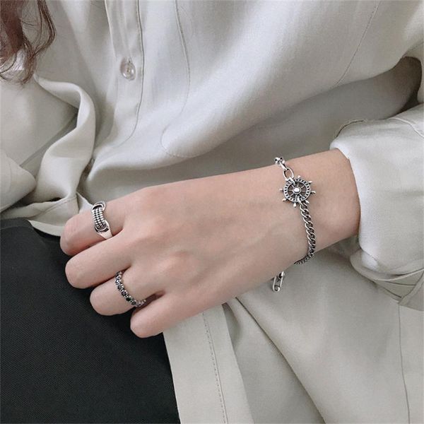 

link, chain 925 bracelet korea retro ship helm hand ring stitching asymmetric thai silver cross pin, Black