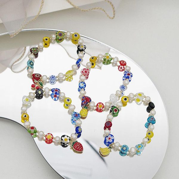 

charm bracelets minar bohemia multiple rainbow glass flowers bracelet for women colored glaze natural freshwater pearls beaded beach, Golden;silver