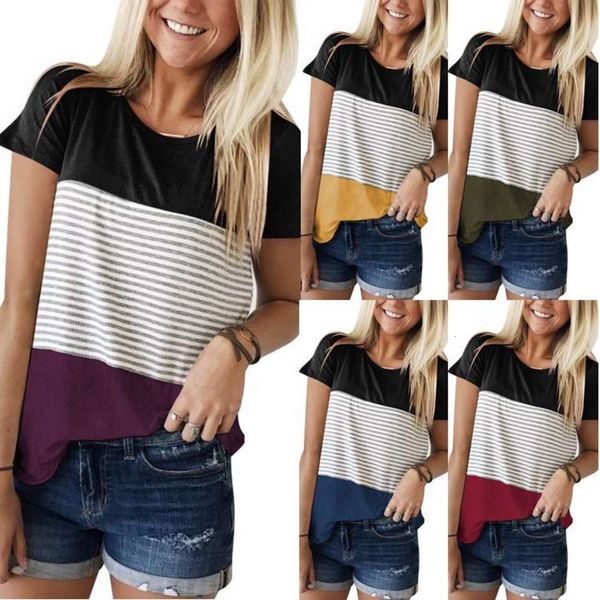 

women's t-shirt 2021 round neck stitched stripe short sleeve 2uoe, White