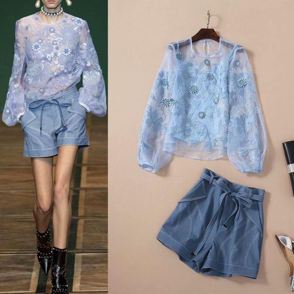 

spring and summer 2021 women's 3d flower embroidery organza with suspender shorts three piece set two pants, White