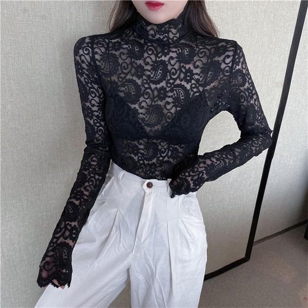 

women's blouses & shirts 2021 spring white lace blouse women long sleeve slim casual shirt crochet floral hollow out sexy