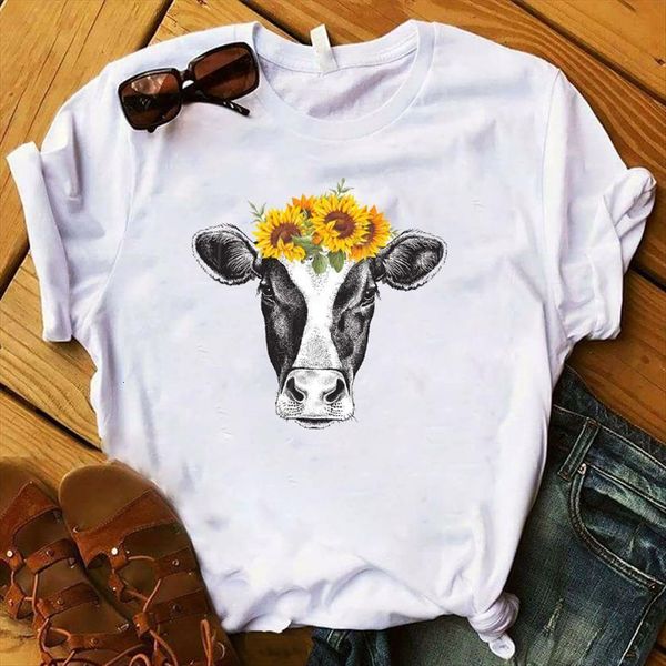 

sunflower cow bull vintage women t shirts printed tee clothes graphic, White