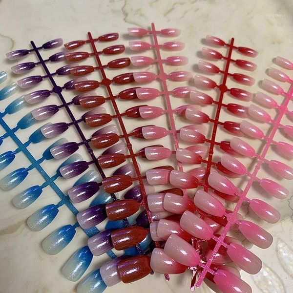 

24pcs/box mid-length oval head nail tips gradients wear full cover paragraph fashion manicure patch false fingernails for girls nails1, Red;gold
