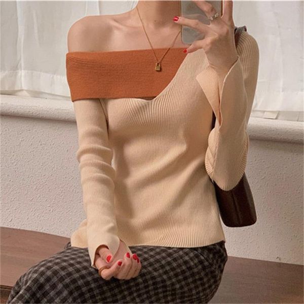 

women's sweaters irregular knitted pullover slim women v-neck full sleeve jumpers autumn 2021 off shoulder chic casual, White;black