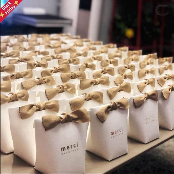 

20pcs/50pcs merci beaucoup white black color gift boxes paper cake box wedding favor bag candy with ribbon wrap
