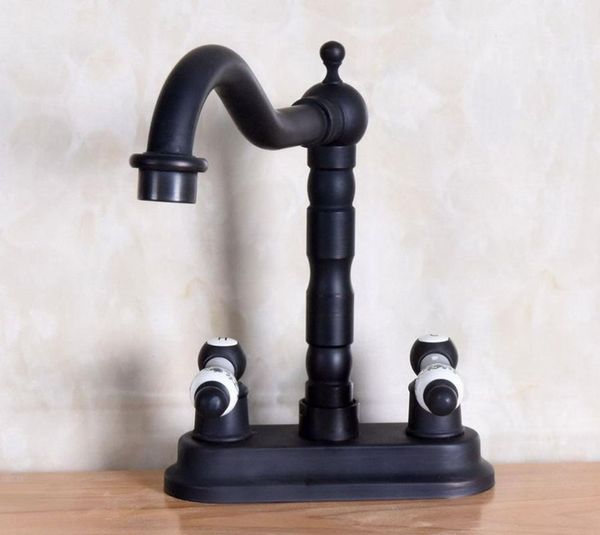 

bathroom sink faucets oil rubbed brass 2 hole 4" double ceramic handle kitchen basin faucet cold mixer tap swivel spout 360' dnf15