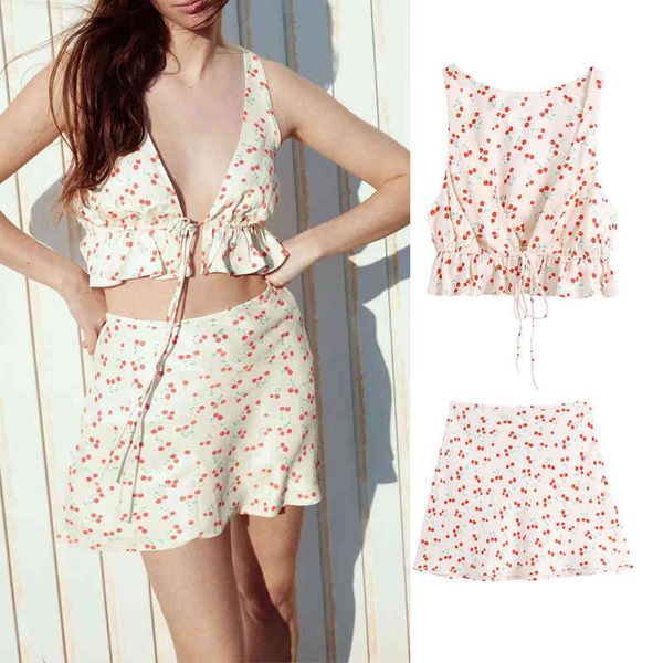 

two piece dress 2021 autumn women 2pcs skirt suit short cherry print coat suits sling folds decoration short paragraph 1shf, White