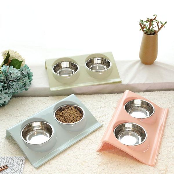 

cat bowls & feeders double food dish stainless steel water feeder dog drinkers kitten protect feeding neck bowl