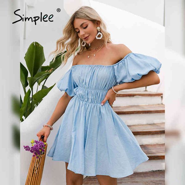 

off shoulder elastic women elegant big lantern sleeve high waist short summer beach vintage dress 210414, Black;gray