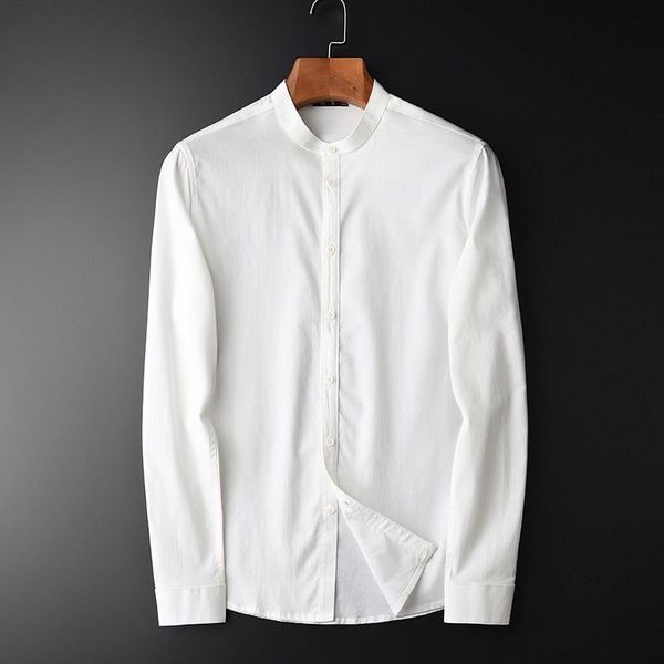 

minglu stand collar men shirts luxury lyocell fabric spring shirt long sleeve plus size 4xl slim fit tencel mens dress men's casual, White;black