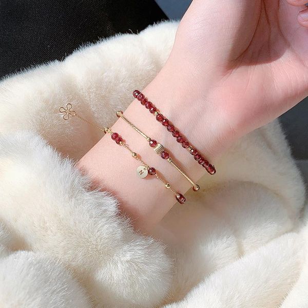 

link, chain natural wine red garnet bracelet ins niche design 14k gold ladies cut crystal set bracelets for women, Black