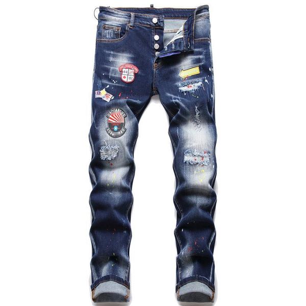 

men's jeans wear white mens slim stretch jean with blue hole sticking cloth badge tight beggars pants skinny motorcycle