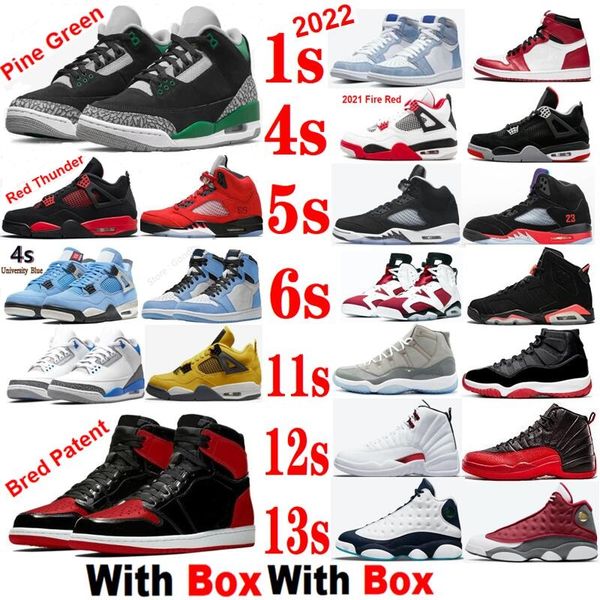 

1 high og bred patent basketball shoes pine green 3s utility black 12s white cement 5 moonlight red thunder 4s sneakers men women space jam