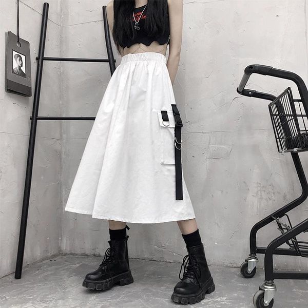 

vintage long a line women skirts summer high waist pockets pleated cargo plus size ladies white black skirt jupe femme