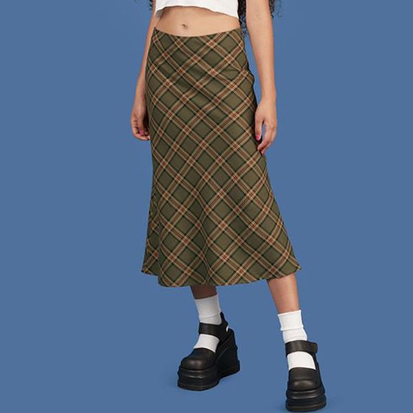 

allneon e-girl plaid high waist mermaid skirts women streetwear cotton long skirts chic vintage y2k style ladies bottoms summer, Black