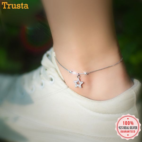 

trustdavis 100% 925 sterling silver fashion hollow twinkling cz star anklets for women gift girls sterling silver jewelry ds589, Red;blue