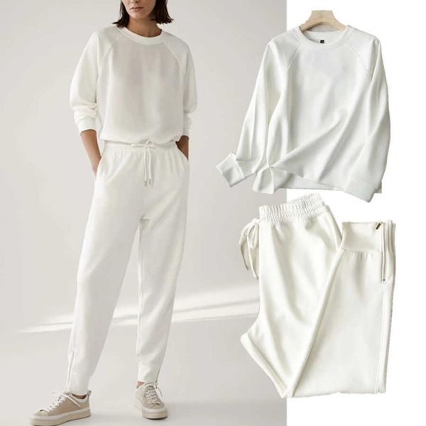 

women's two piece pants withered england simple fashion o-neck loose winter hoodies women sweatshirt pullovers harem jogger 2 pieces s, White