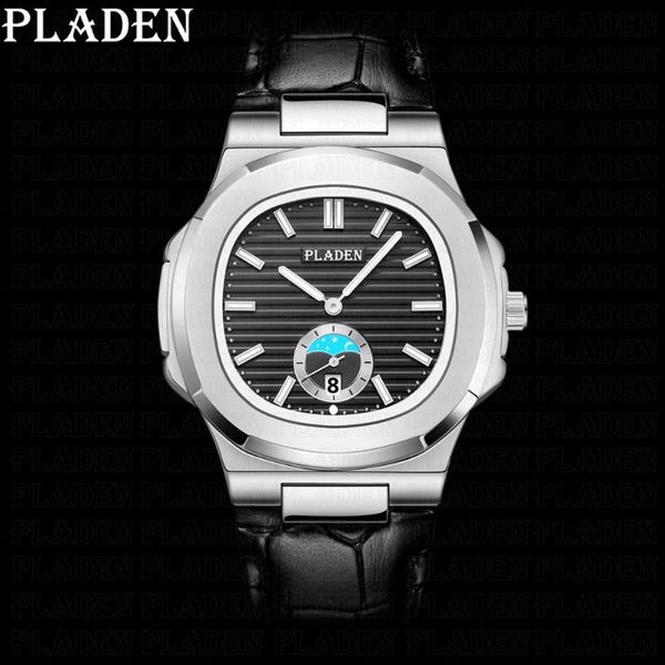 

wristwatches pladden men's quartz moon phase wristwatch waterproof brand leather automatic date mens watches sapphire relogio masculino, Slivery;brown