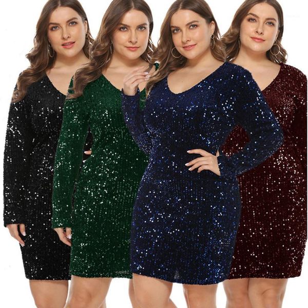 

winter women's dresses nightclub large size fashion sequined solid long sleeve v-neck tight elegant mini dress casual, Black;gray