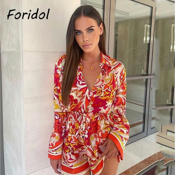 

women's tracksuits foridol floral print oversized women shorts set loose casual orange boho summer autumn suits female short two pieces, Gray