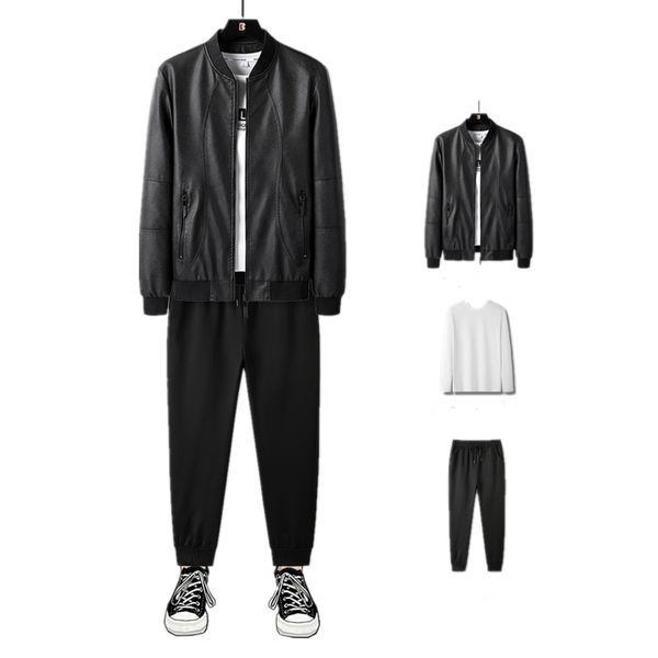 

mens 3 piece suits patchwork faux leather jacket motorcycle stand collar jackets joggers pants crewneck sweatshirts, Blue;black