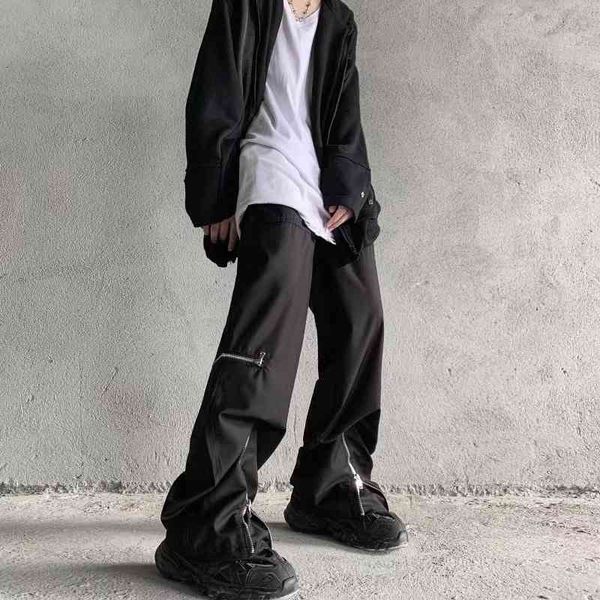 

original retro zipper wide leg casual trousers men and women elastic waist loose cargo pants hip hop baggy overalls, Black