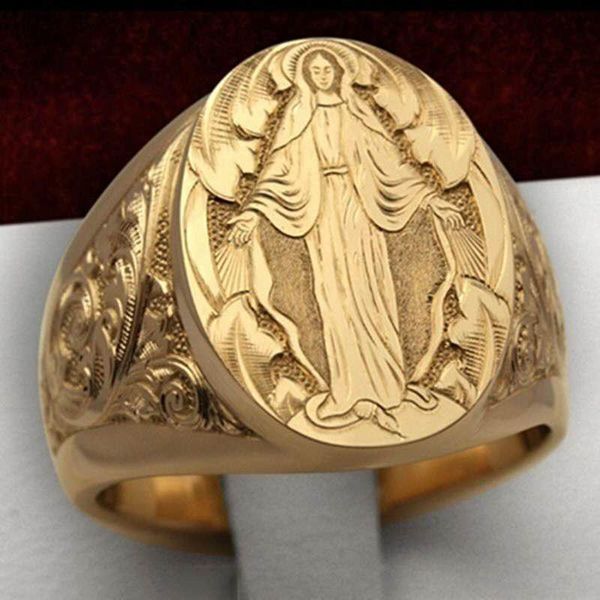 

wedding rings men's vintage handmade gold color virgin mary badge ring hand carved fashion elegant party anniversary jewelry, Slivery;golden