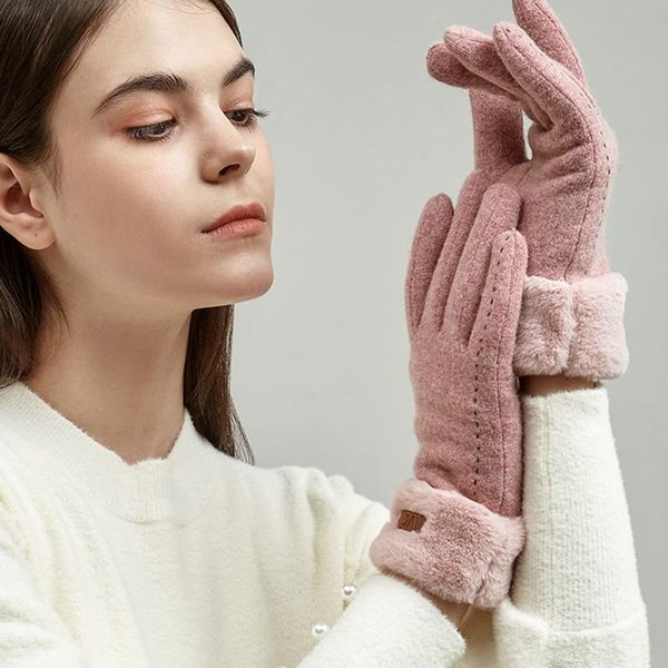 

five fingers gloves fashion women winter warm cashmere touch screen mittens female fingerless wool velvet thick driving, Blue;gray