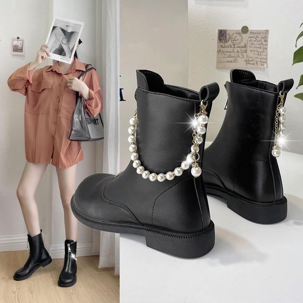 

boots 2021 pearl fairy wind shoes british style all-match fashion women round head back zipper women's short mujer, Black