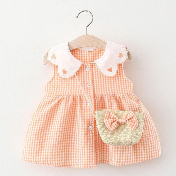 

girl's dresses toddler baby kids girl sleeveless plaid heart print princess dress bag outfits clothes floral bow summer casual, Red;yellow