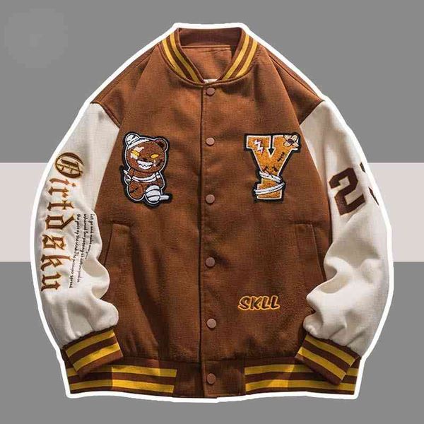 

retro baseball jackets men spring bear flocking embroidery letter bomber jacket casual street varsity loose patchwork coat women, Black;brown