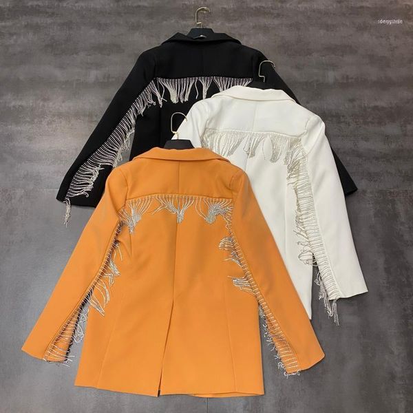 

women's suits & blazers 2021 back tassel chain shiny long sleeve suit temperament coat 03111, White;black