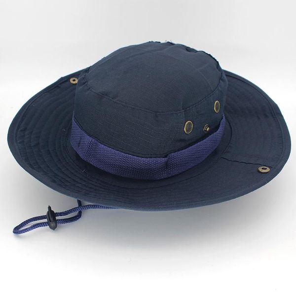 Chapéu de balde Safari Boonie Marinha azul masculina Panamá algodão ao ar livre UNISSISEX Mulheres caçando Bob Sun Fisherman Hats Wide Brim