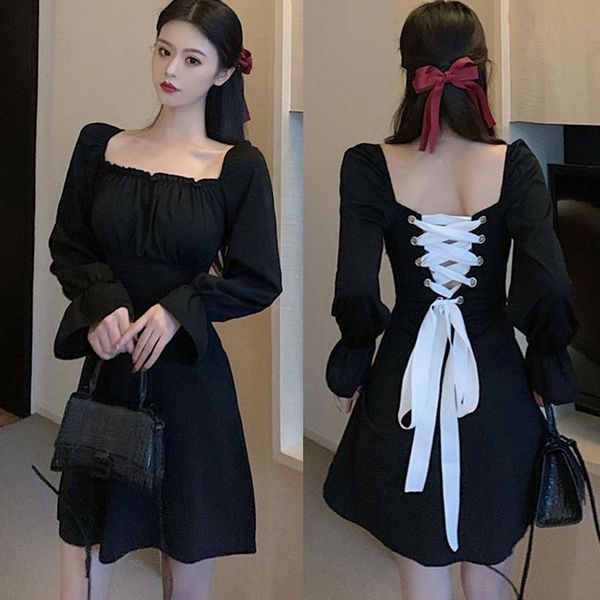 

casual dresses sweet women fashion square collar back bandage cute bow slim puff long sleeve dress, Black;gray