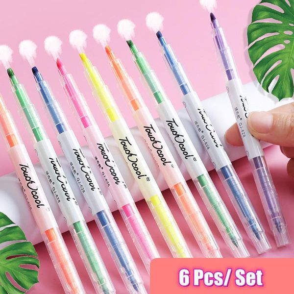 

dual tips fluorescent pens candy color kawaii pen 6 pcs/set highlighter art makers school&office stationery supplies highlighters, Black;red
