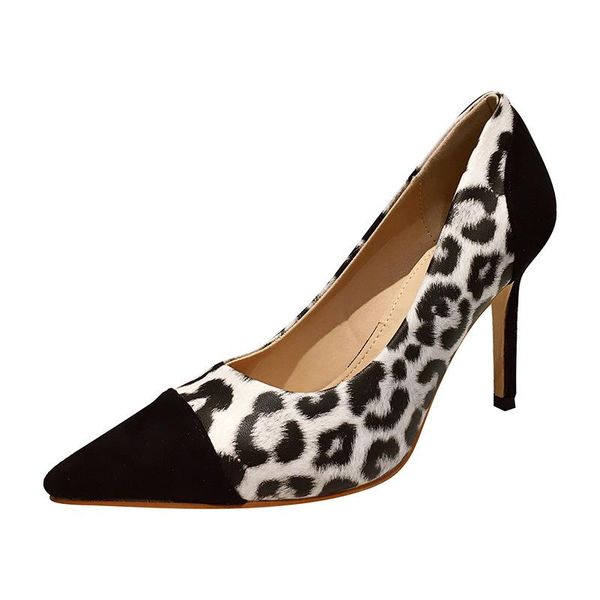 

dress shoes women high-heel pointed straight leopard high heels stitching fabric design, Black