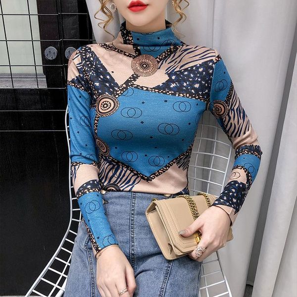 

men's t-shirts spring and autumn fashion printing half high neck t-shirt women european goods slim bottoming shirt commuter simple top, White;black