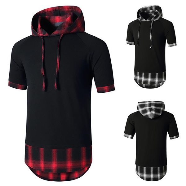 

men's t-shirts 2021 men short sleeve plaid t shirt casual muscle patchwork shirts hooded oversized hip hop summer clothing, White;black