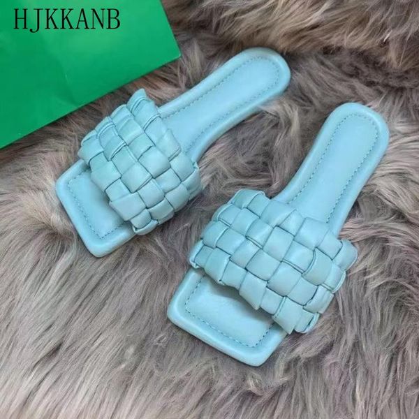 

slippers summer flat women soft leather cross woven slides square toe solid color flip flops home outdoor comfort lady, Black