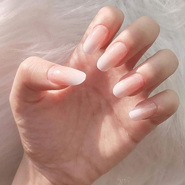 

long pink french shiny fake nails summer lovely salon glossy ballet false nail art1, Red;gold
