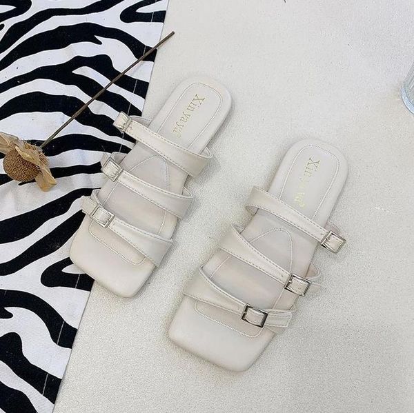 

slippers fashion summer women's casual all-match vamp buckle design open toe simple outer wear 2021, Black