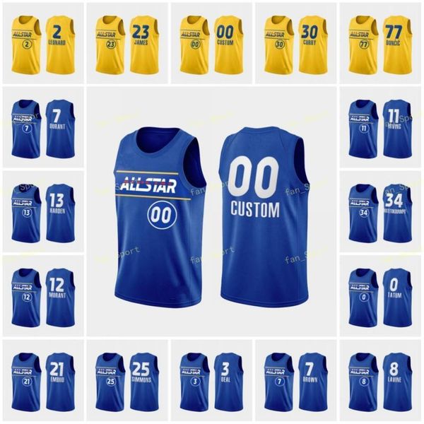 Jerseys de basquete de basquete Jervy Kyrie Irving Kevin Durant James Harden Giannis Antetokounmpo Joel Embiid Beal Tatum Simmons Hunter Blue Amarelo