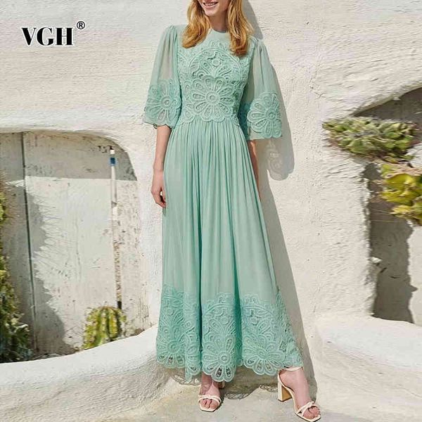 

vgh elegant patchwork lace dress for women o neck short sleeve high waist vintage white dresses female fashion new clothing 210421, Black;gray