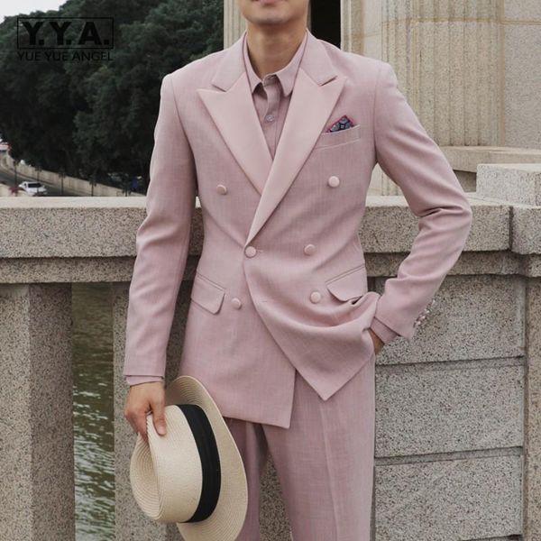 

men's suits & blazers pink wedding groom double breasted straight pants mens 2 piece set fashion korean style business formal suit sets, White;black