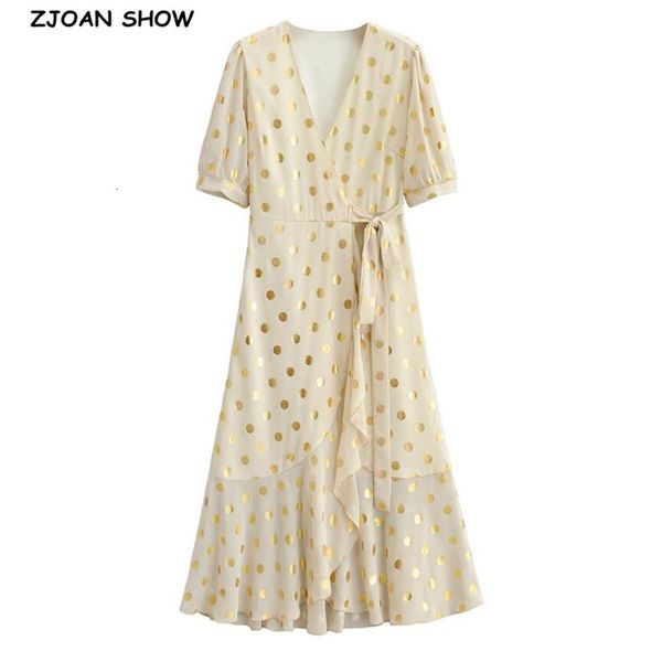 

casual dresses 2021 vintage france v neck bronzing gold polka dot wrap dress holiday woman tie bow waist short sleeve slit midi te, Black;gray