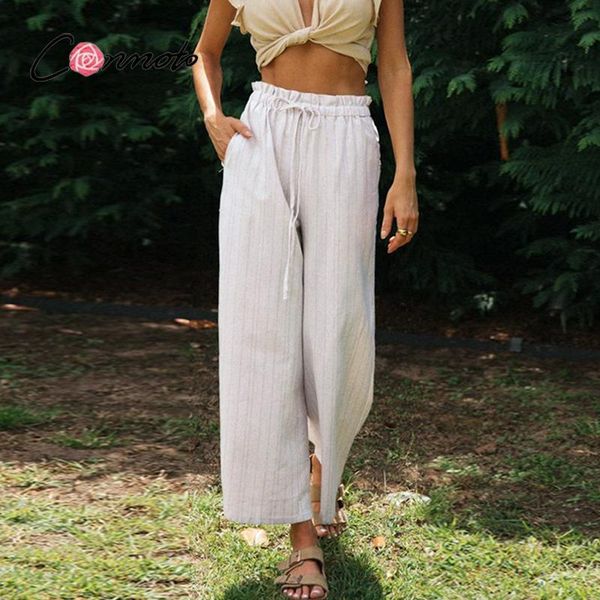 

women's pants & capris conmoto casual striped ruffled cotton wide leg women idyllic high waist solid straight trousers spring lady leis, Black;white
