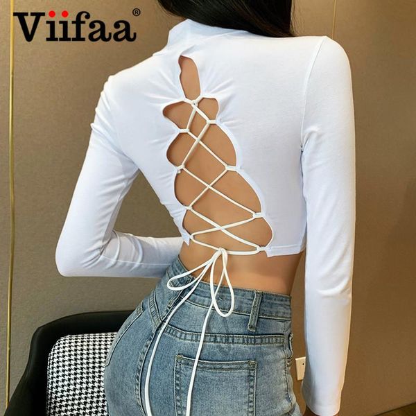 

women's t-shirt viifaa backless lace up crop t shirt mock neck long sleeve autumn white streetwear women party slim tshirts