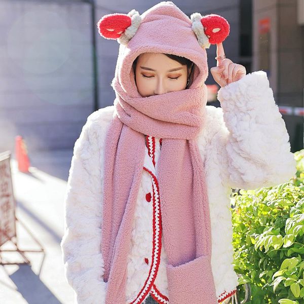 

hats, scarves & gloves sets three-piece hat scarf women 2021 winter wild cute strawberry ear cap plush thick bib, Blue;gray